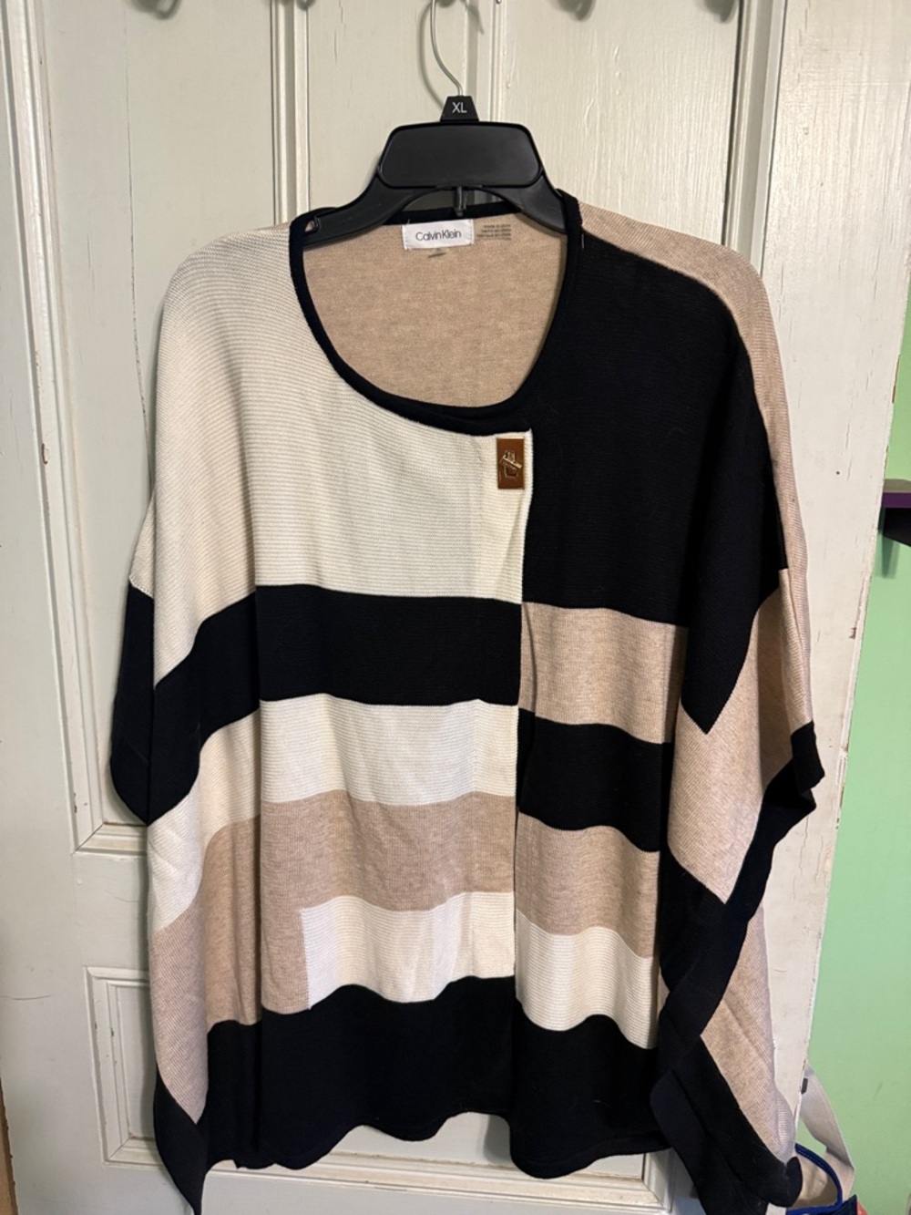 Calvin Klein Striped Poncho in Black, Cream & Tan